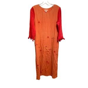 Vintage Women Maxi Dress Small Linen Blend Embroidered Tassel Boho Lagenlook 90s